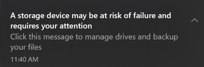 A storage device may be at risk of failure and requries your attention
