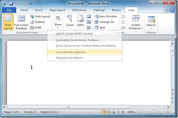 Add New Tab to Office 2010 Ribbon Step1