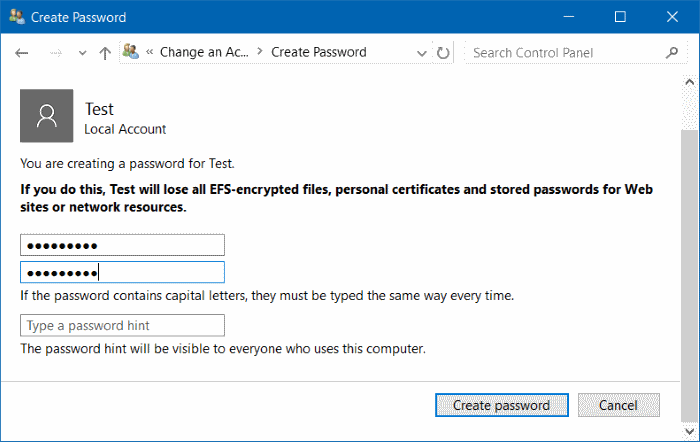 Add password to local user account in Windows 10 step12