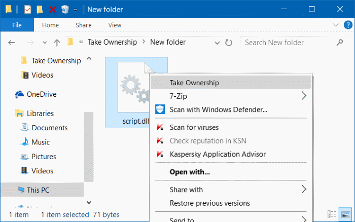 Add take ownership to right click menu Windows 10