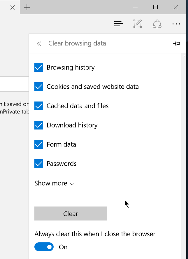 Automatically delete browsing data when you close Edge browser step3