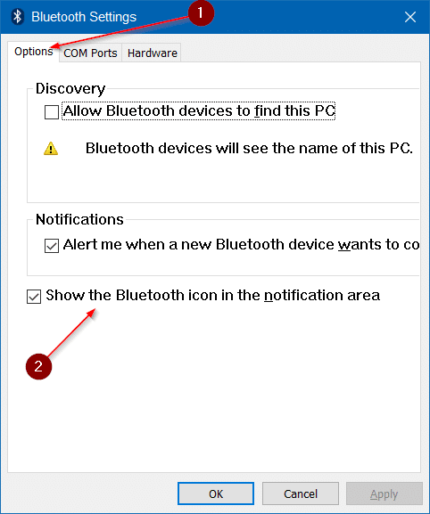 Bluetooth icon missing from Windows 10 system tray step5
