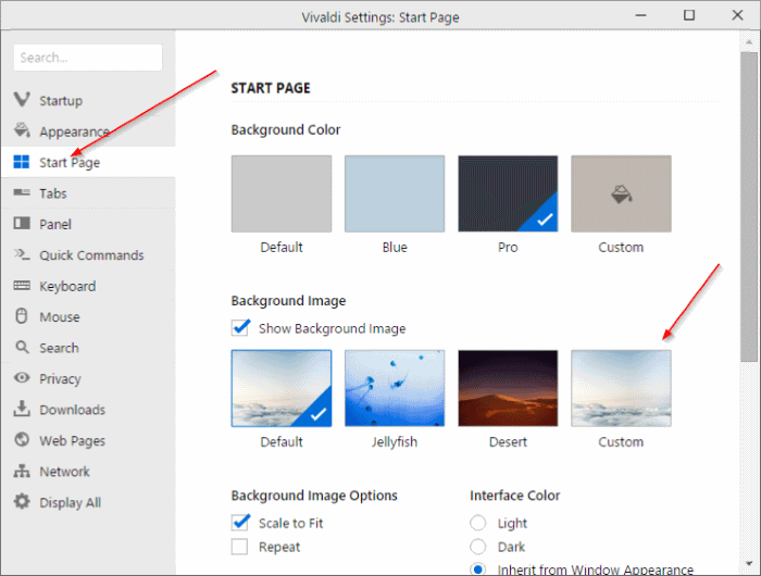 Change Vivaldi new tab page or start page background step2