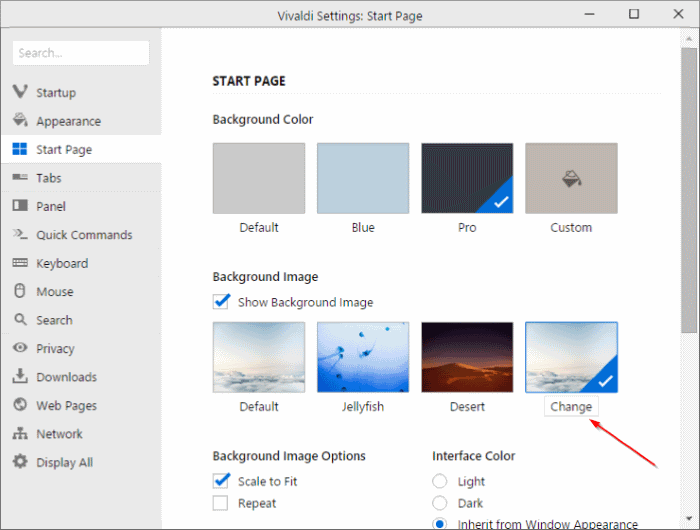 Change Vivaldi new tab page or start page background step3