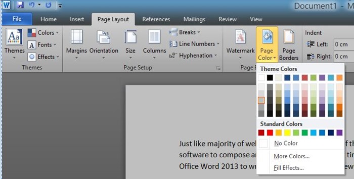 Change page background color in Word 2013 and 2010