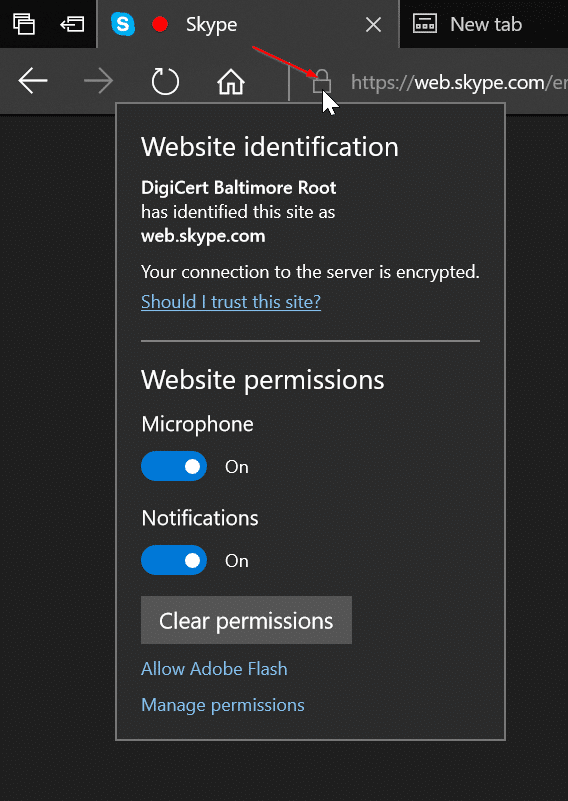 Check if websites has permissions to access camera, location and microphone (2)