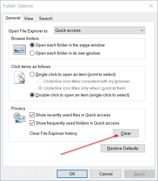 Clear Quick Access history in Windows 10 step4