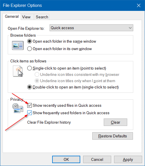 Clear Quick Access history in Windows 10 step8