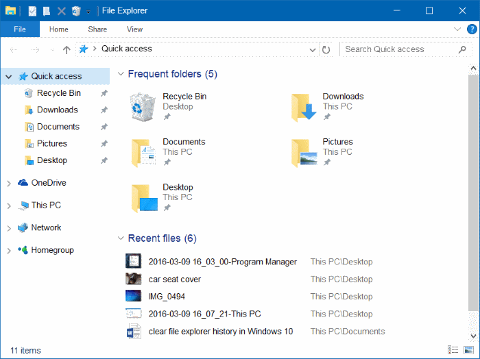 Clear Quick Access history in Windows 10