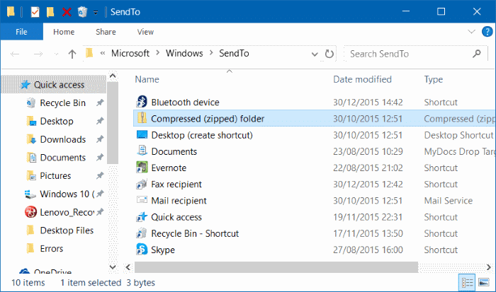 Compressed zipped folder missing from send to menu in Windows 10 step5