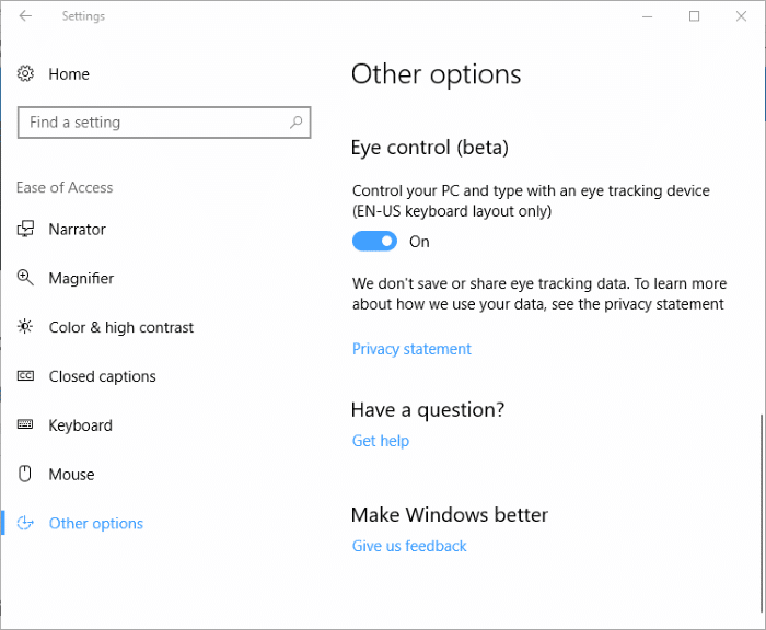 Control keyboard and mouse using eyes in Windows 10