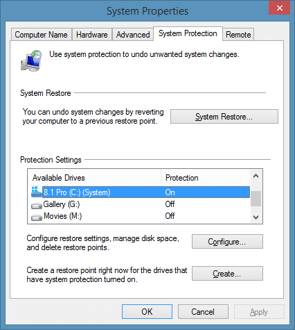 Create a restore point in Windows 8.1 Step2