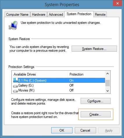 Create a restore point in Windows 8.1 Step3
