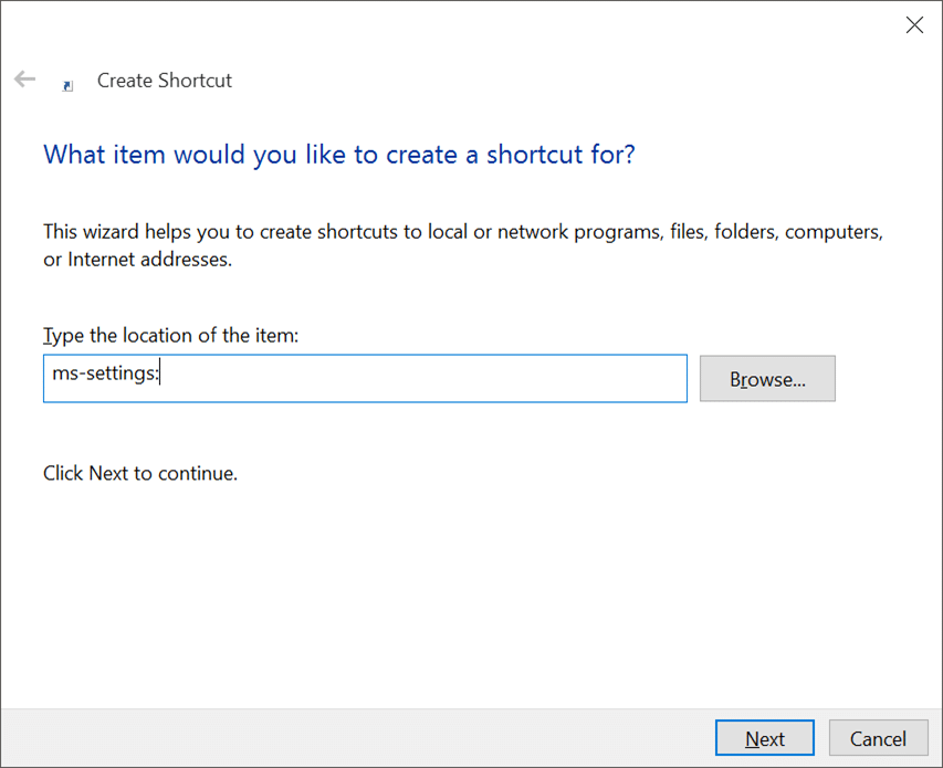 Create desktop shortcut for Settings app in Windows 10 pic2