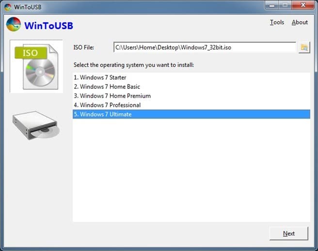 Create live Windows 7 USB using WinToUSB