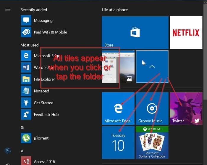 Create live app tile folders on start menu Windows 10 pic5