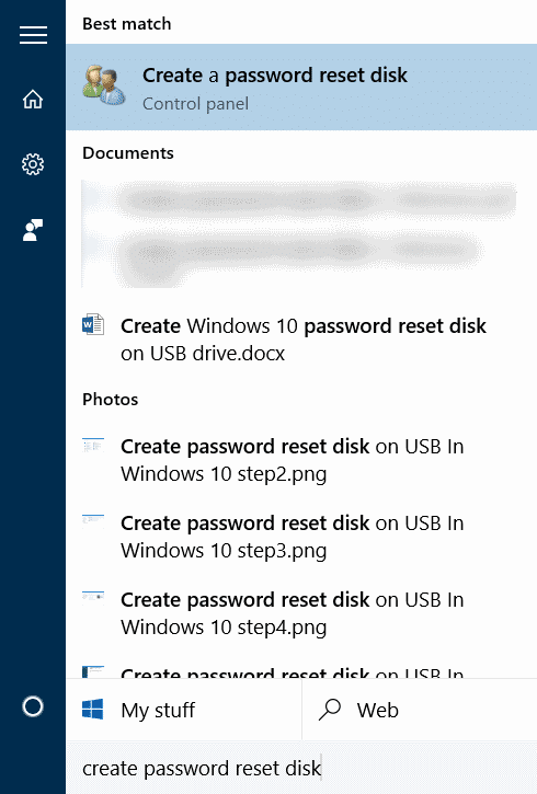 Create password reset disk on USB In Windows 10 step1