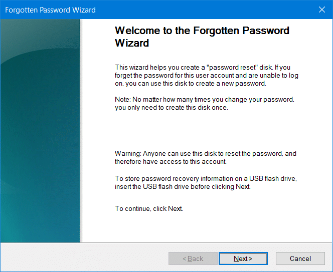 Create password reset disk on USB In Windows 10 step5