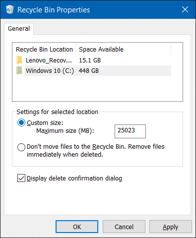 Disable Recycle Bin in Windows 10 step2