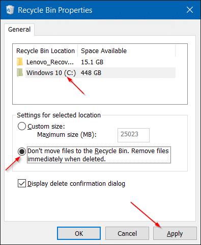 Disable Recycle Bin in Windows 10 step3