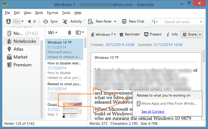 Disable Related to what you're working on in evernote