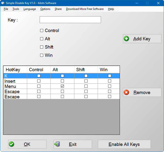 Disable any key on keyboard Windows 10