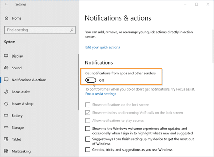 Disable desktop and action center notifications for specific apps in Windows 10 pic1