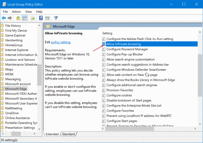 Disable inprivate browsing in Edge browser in Windows 10 pic2