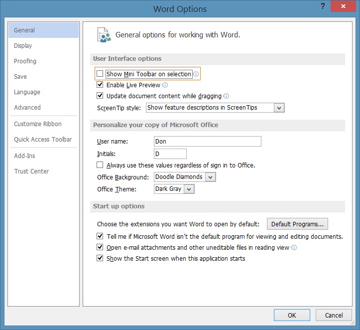 Disable mini toolbar on selection in Office 2013 program