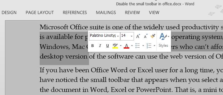 Disable mini toolbar on selection in Office 2013