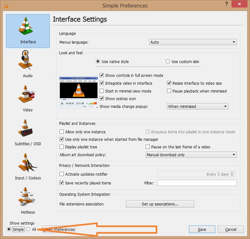 Disable subtitles by default in VLC Player Step2