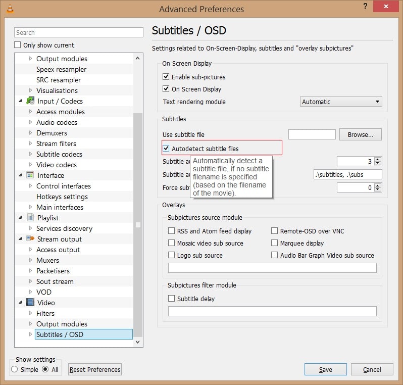 Disable subtitles by default in VLC Player Step4