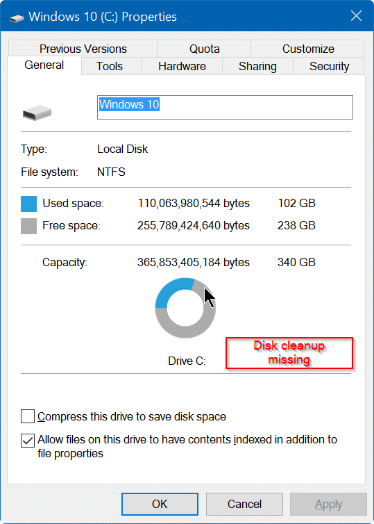 Disk cleanup missing from drive properties in Windows 10 pic1