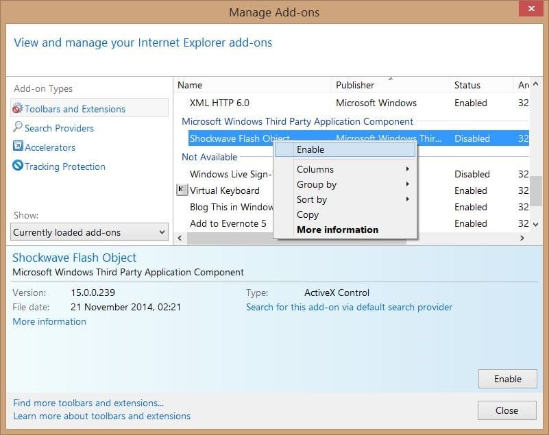 Enable Adobe Flash Player in Internet Explorer step2