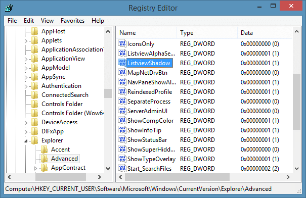 turn on or off shadow for desktop text Windows