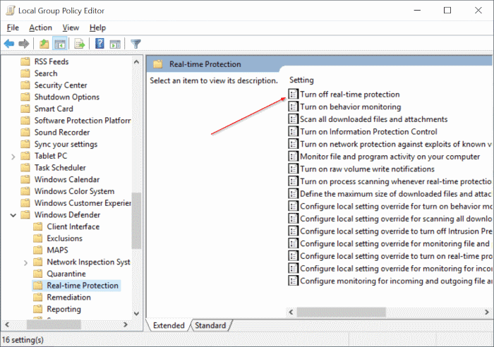 Enable or disable Windows Defender real time protection Windows 10 pic2