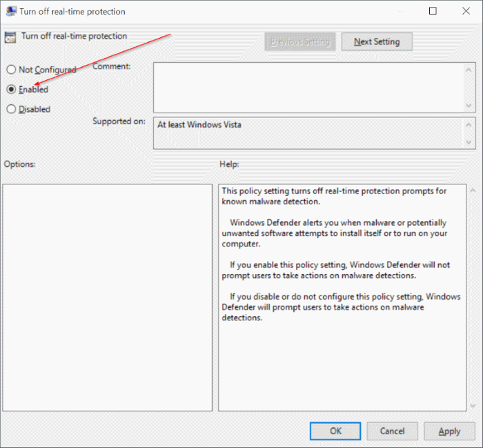 Enable or disable Windows Defender real time protection Windows 10 pic3