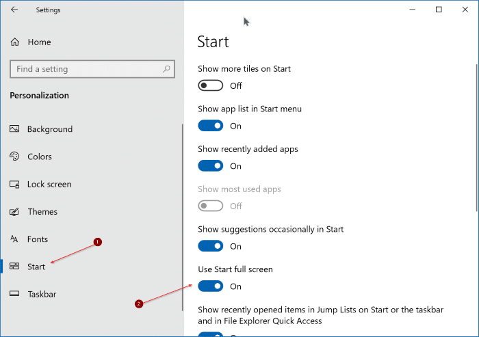 enable full screen start menu in Windows 10