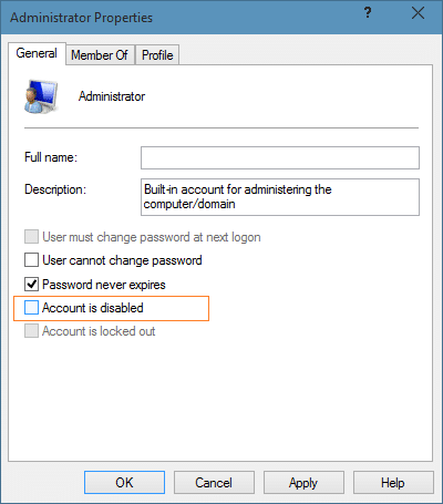 Enable the hidden built in Administrator account in Windows 10 step 6