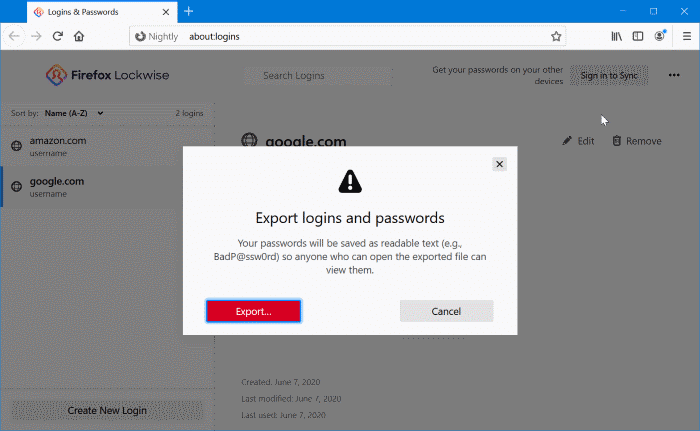 Export Firefox passwords to CSV pic1