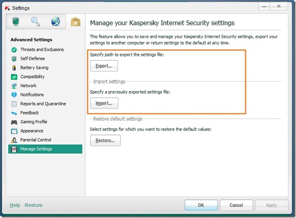 Export or Import Kaspersky Settings Step2