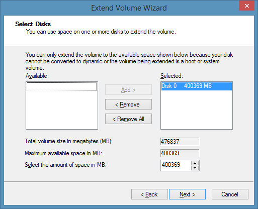 Extend drive partition Windows