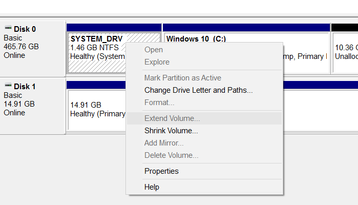 Extend volume grayed out in Windows 10 pic1