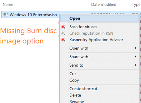 Fix to missing burn disc image option in context menu