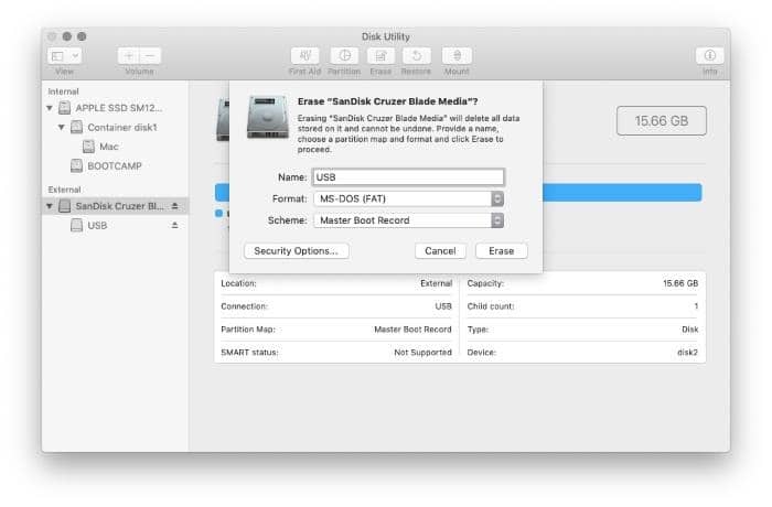 Format the usb drive as single ms-dos partition in boot camp pic9