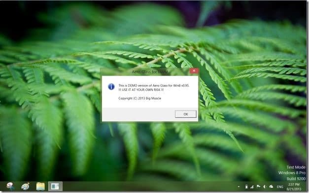 Hide Aero Glass for Windows 8 demo warning message