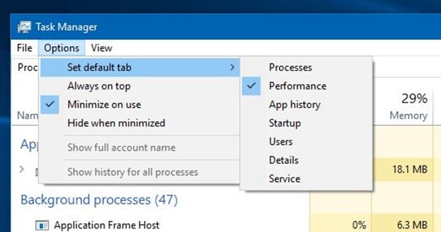 How to set the default tab in Task Manager