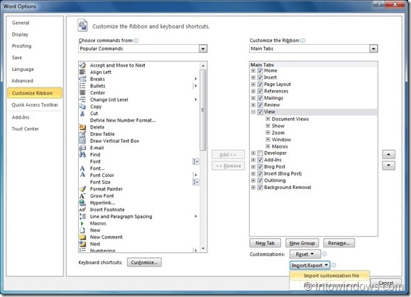 Import or Export Office 2010 Customizations step2