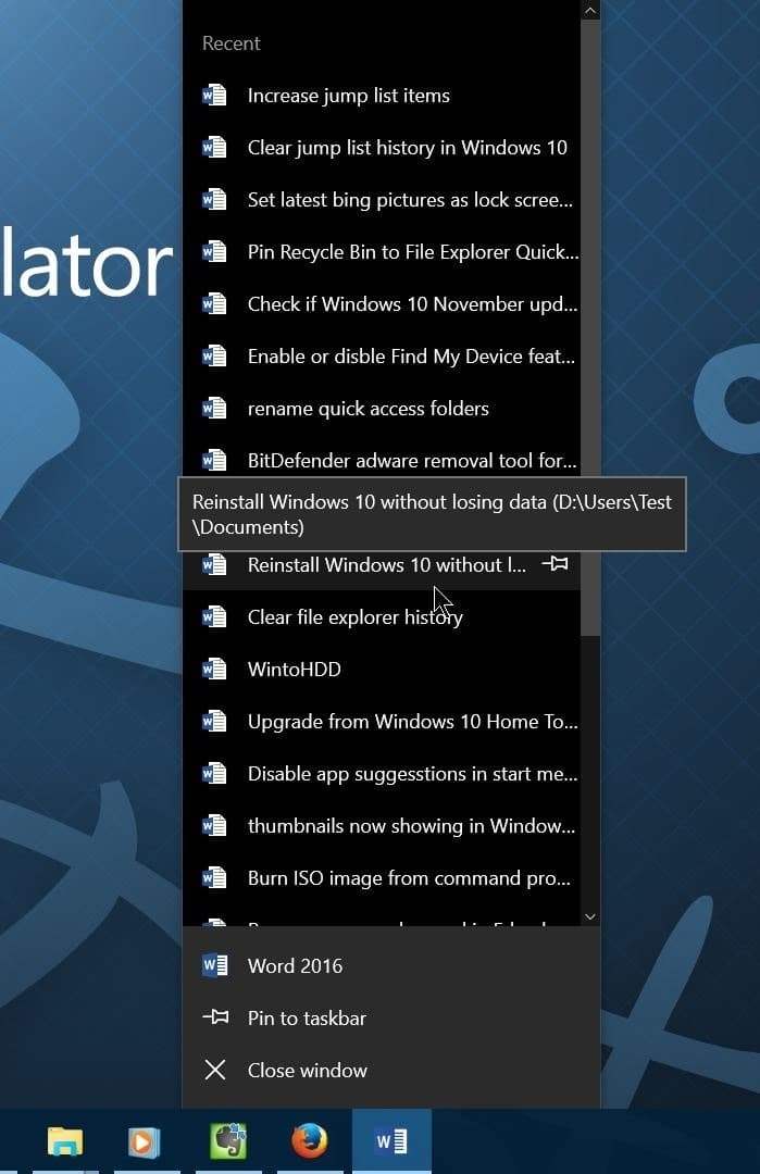 Increase the number of items in jump lists in Windows 10 step01
