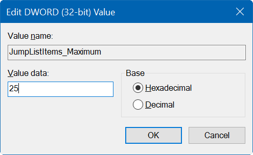 Increase the number of items in jump lists in Windows 10 step4